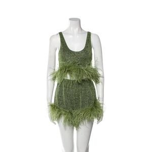Chic Green Feathered 2 Pice Shorts Set